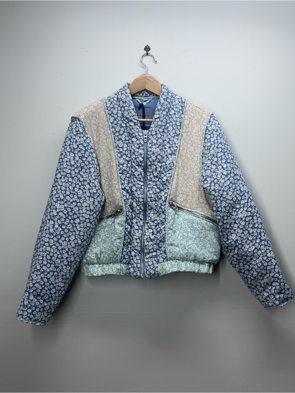 Blank NYC Summer Romance Floral quilted Patchwork Puffer Jacket in Blue & Cream